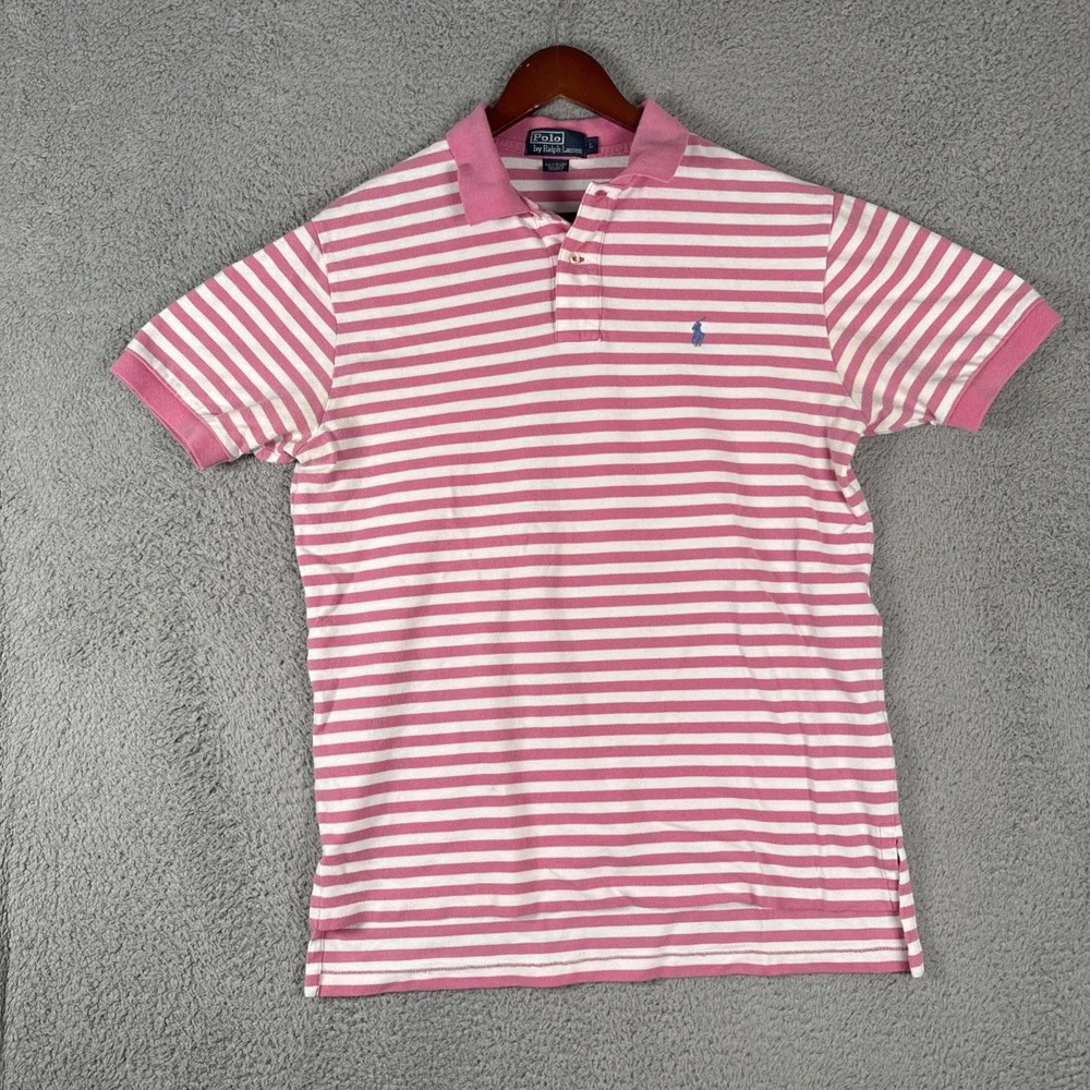 Polo Ralph Lauren Polo Shirt Mens Large Pink White Striped Short Sleeve Pique